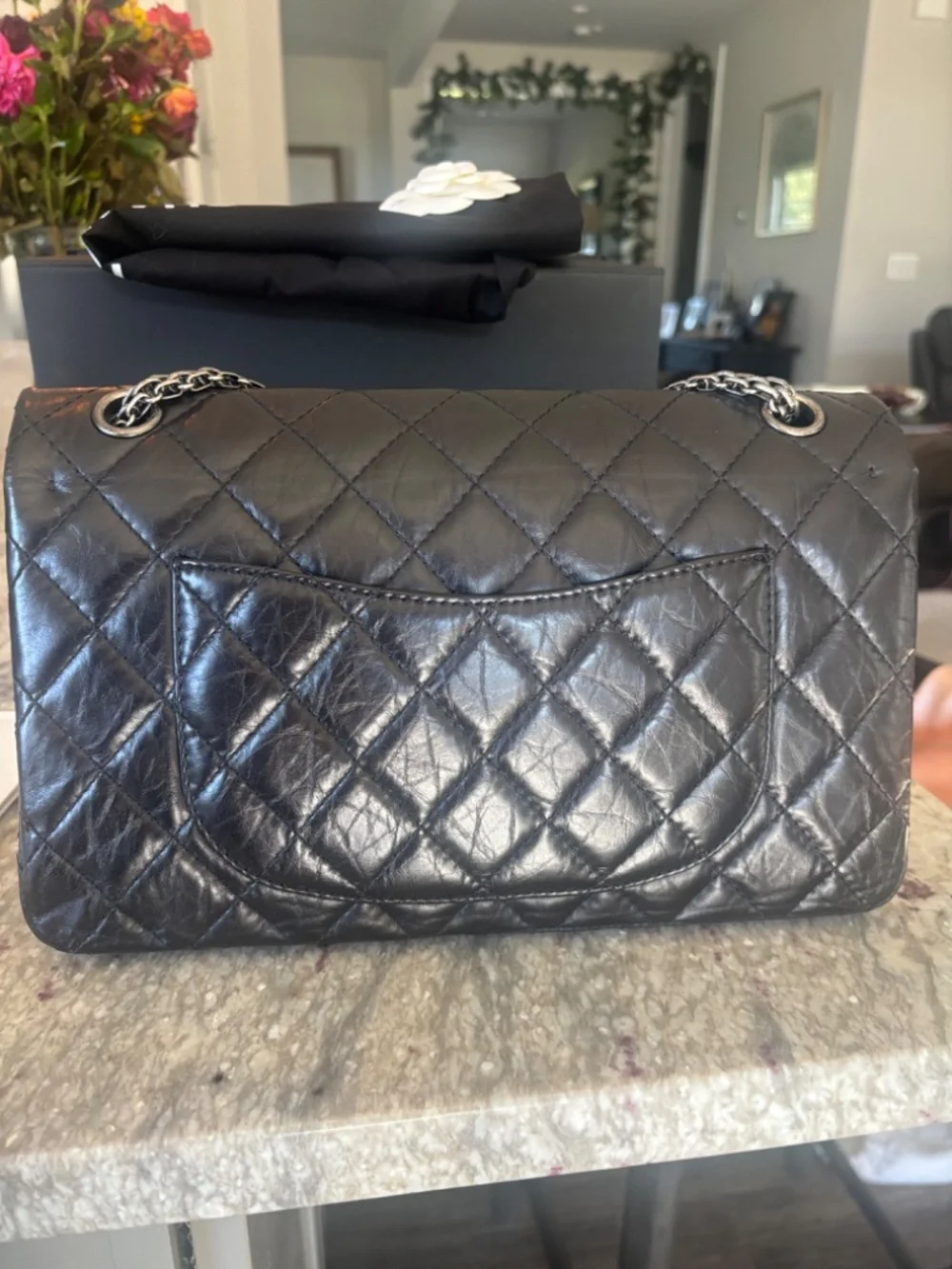 CHANEL 2.55 Reissue 226 Black Aged Calfskin Ruthenium Hardware Double Flap AUTH